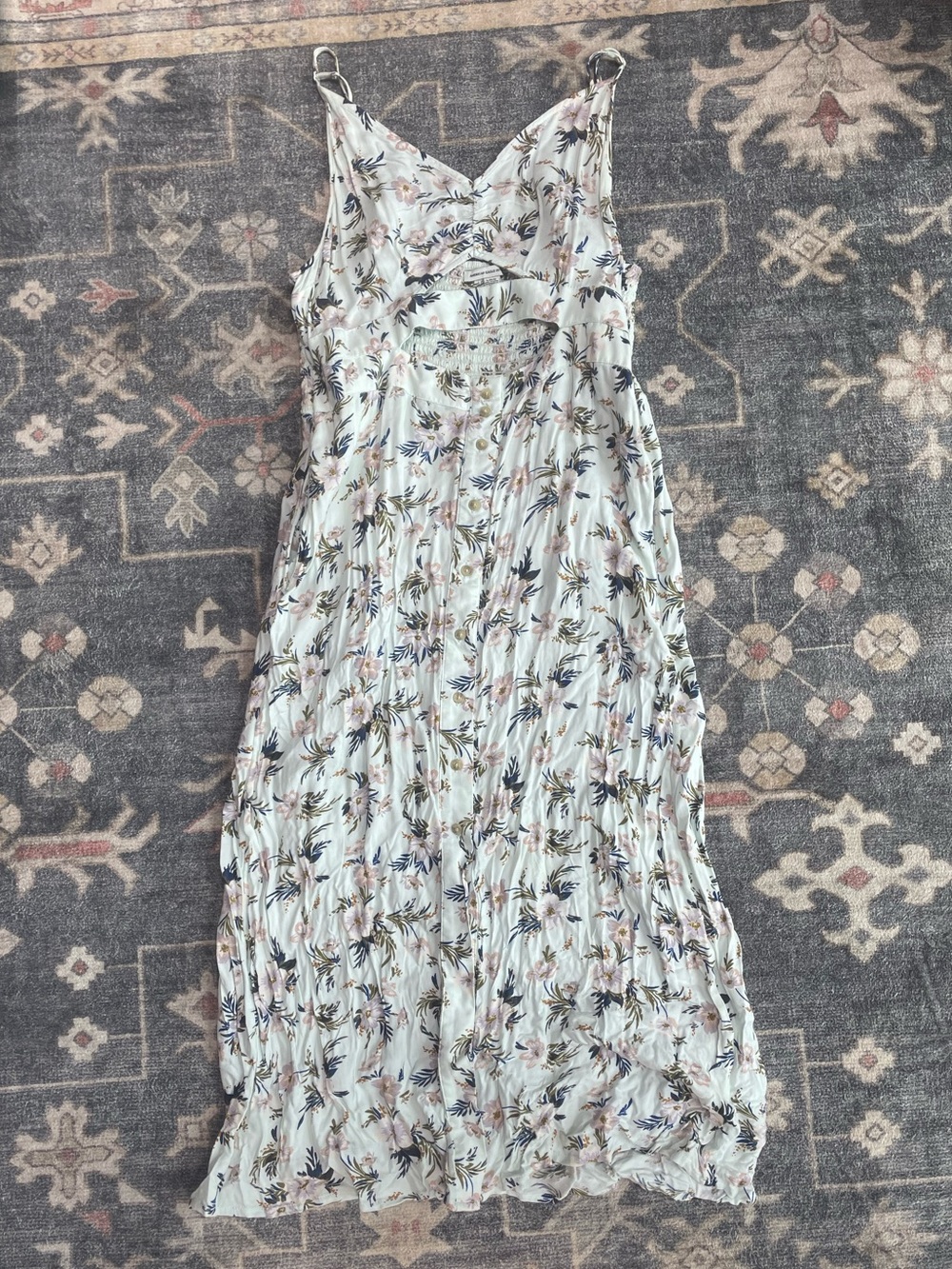 American Eagle Outfitters Cream Floral Midi Dress with Blue & Green Accents